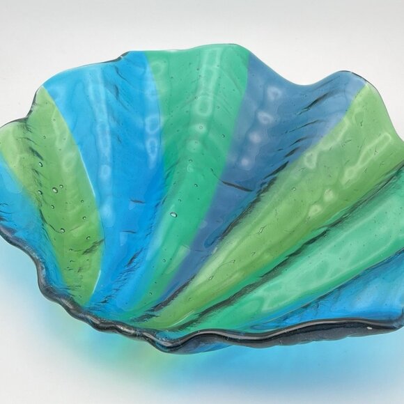 Vintage Blown Art Glass Clamshell Green Blue Bowl Dish MCM Shell Aquatic Ocean - Picture 5 of 10
